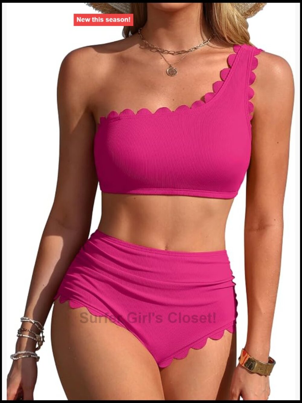 One Shoulder Ribbed Bikini Set High Waisted Scalloped Bathing Suit Women